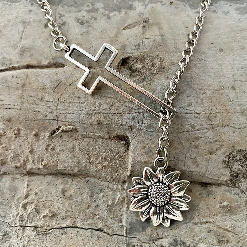 Silver alloy asymmetrical cross lariat necklace with sunflower charm