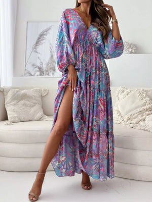 Printed V-neck Balloon Sleeve Maxi Dress in Turquoise