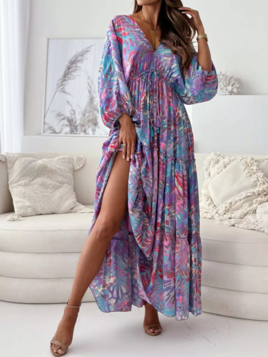 Printed V-neck Balloon Sleeve Maxi Dress in Turquoise