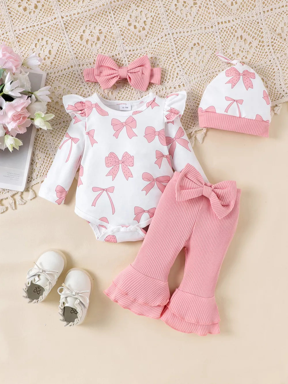 Pink Children's Bow Print Bodysuit And Pants Set
