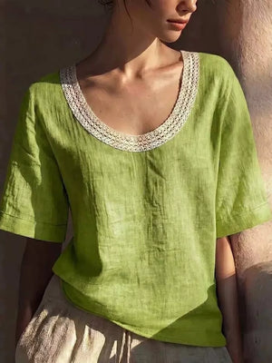 Green linen short sleeve top with white lace trim neckline