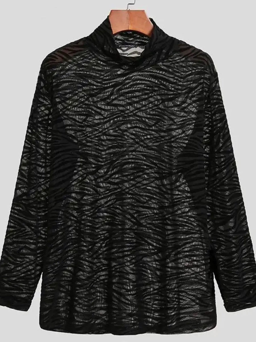 Black sheer zebra-striped mock neck long sleeve top