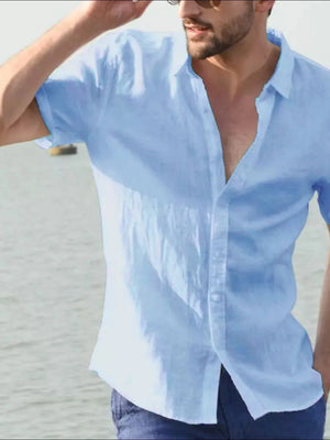 Light blue linen resort shirt, short sleeve, buttoned, relaxed fit, summer essential