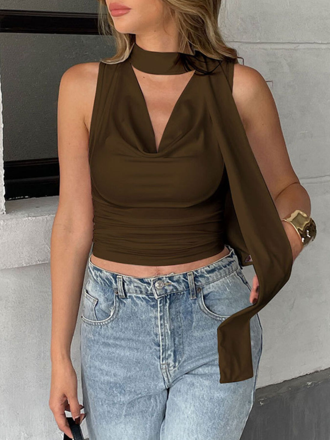 Brown cowl neck cami top with tie detail and ruched sides
