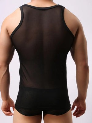 Black sheer mesh muscle tank top with a racerback style.