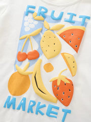 White cotton baby tee with colorful fruit graphic and 3D "Fruit Market" text.