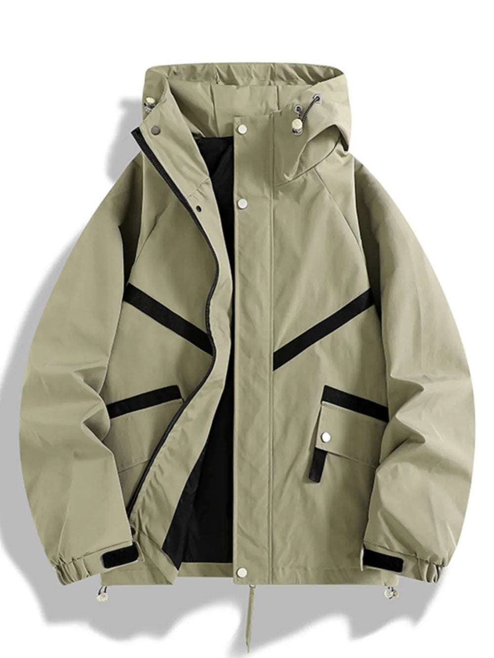 Khaki hooded jacket with black trim and zip pockets