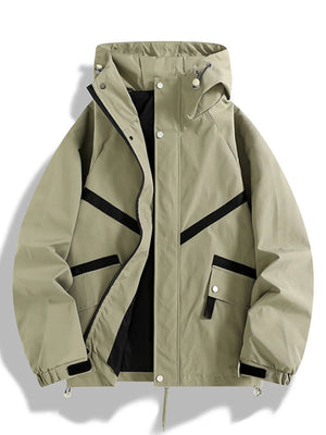 Khaki hooded jacket with black trim and zip pockets