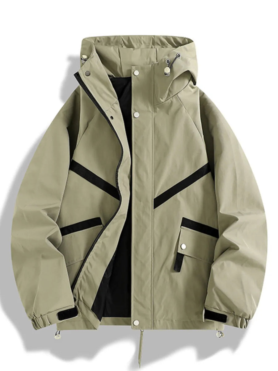 Khaki hooded jacket with black trim and zip pockets