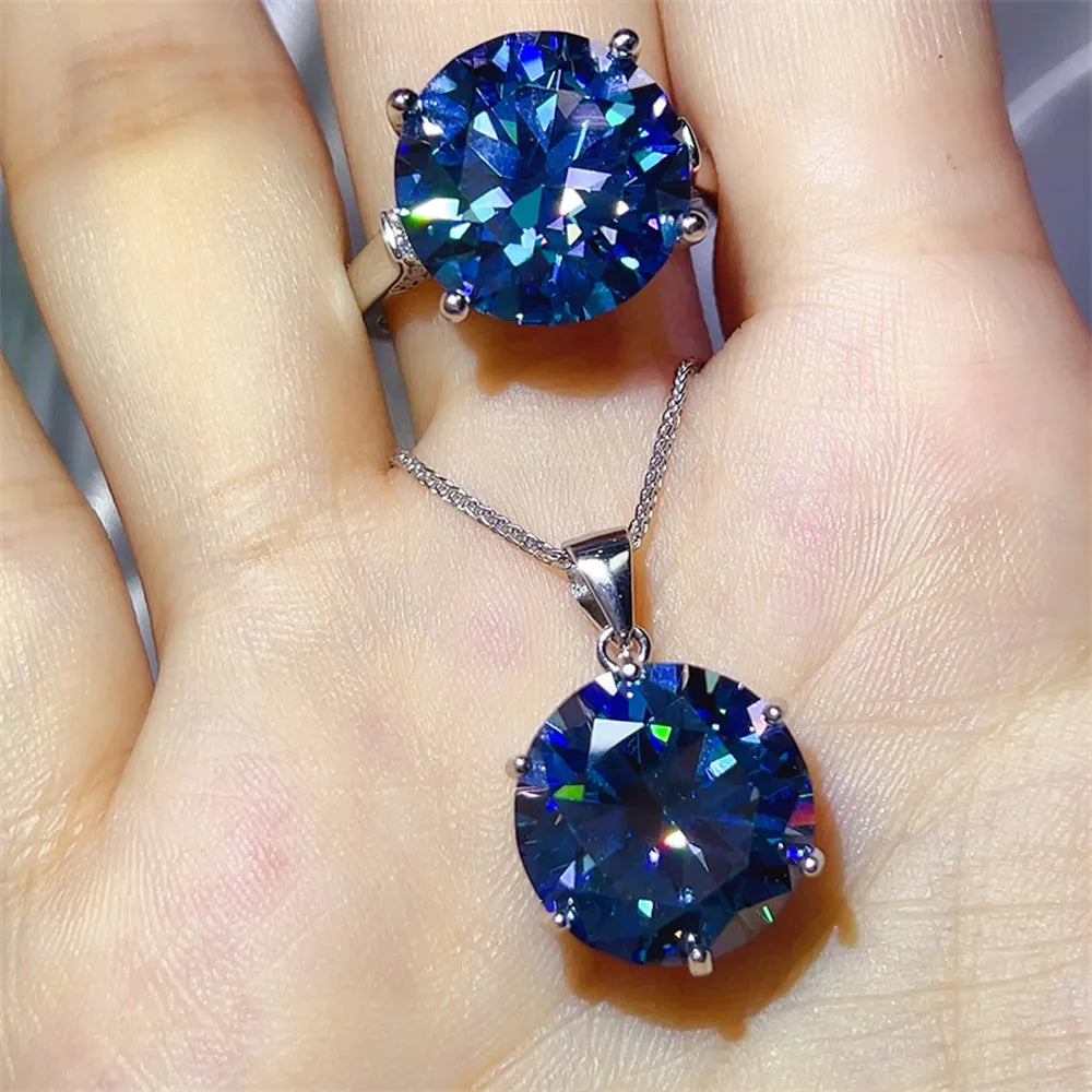 10 Carat Moissanite 925 Sterling Silver Ring And Necklace Set in Royal Blue with faceted gemstone