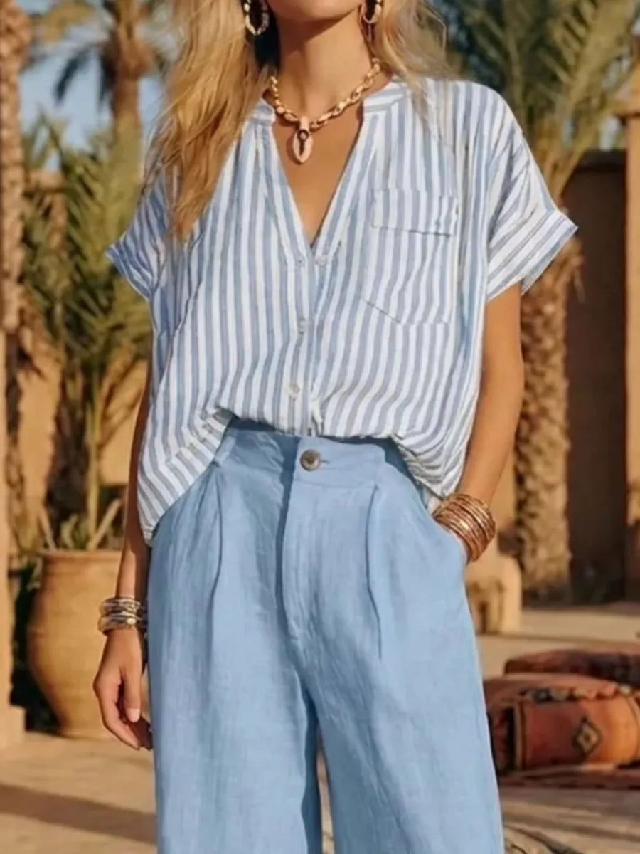Full Size Striped Button Up Shirt And Pants Set Plus Size in Red