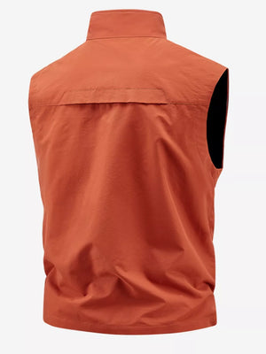 Orange men's outdoor vest with stand-up collar and back yoke detail.