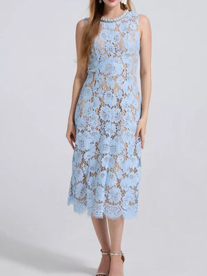 Blue lace dress with pearl neckline and floral pattern