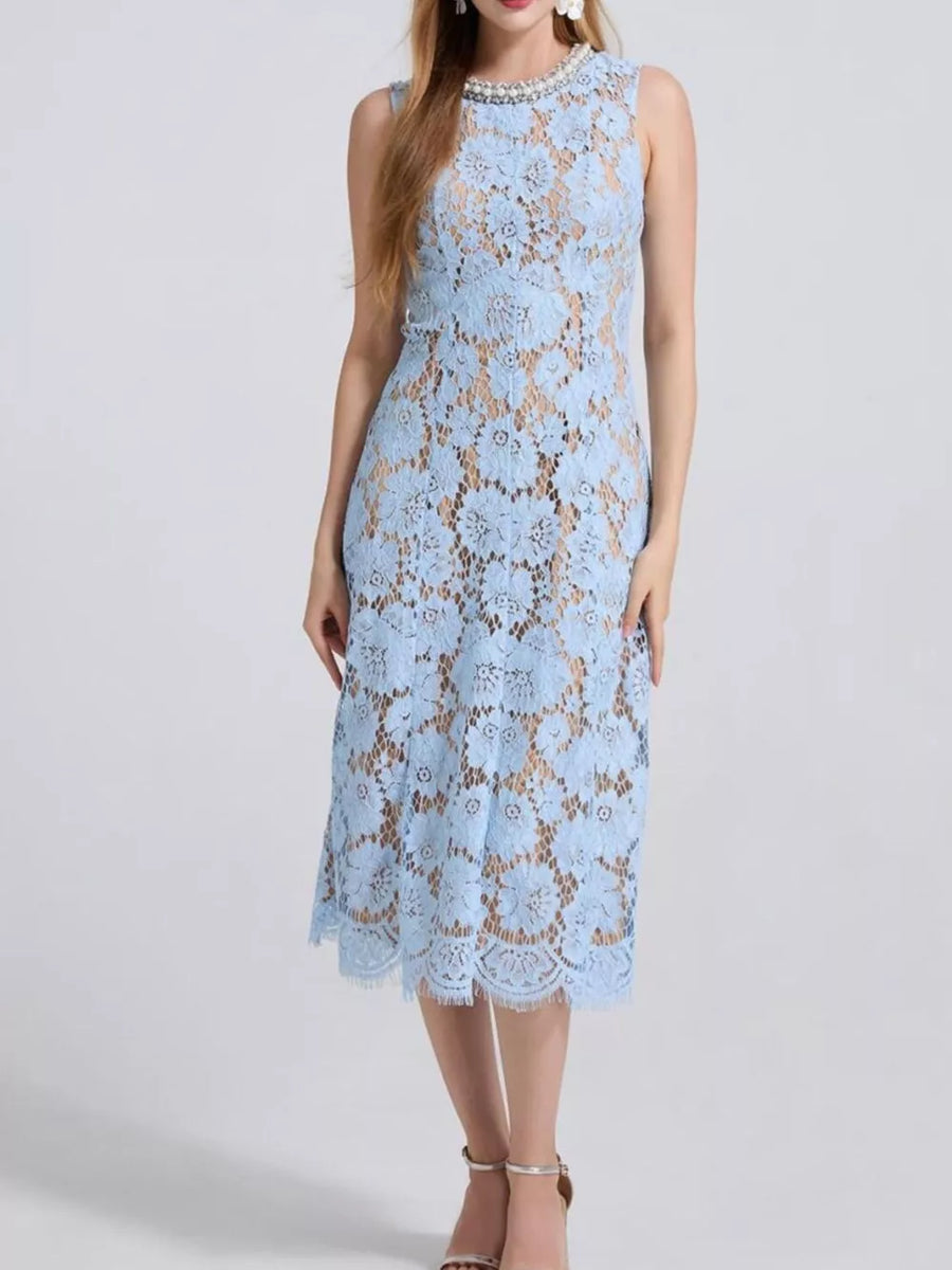 Blue lace dress with pearl neckline and floral pattern