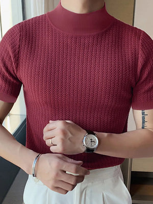 Burgundy textured knit mock neck tee with short sleeves.