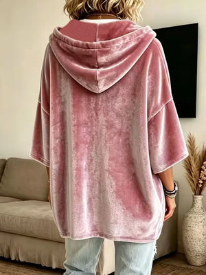 Velvet Loose Fit Hoodie With Drawstring in Army Green