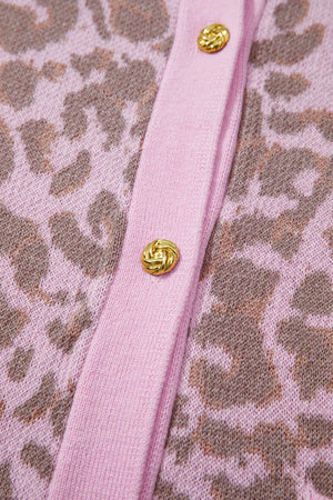 Pink leopard print acrylic blend cardigan with gold button detail