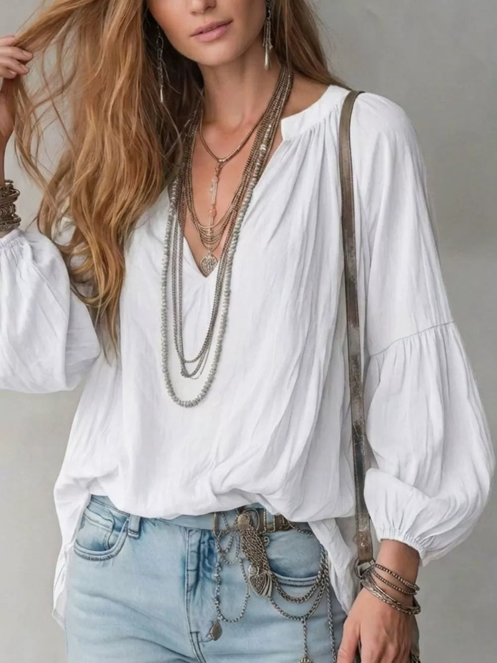 Black Notched Balloon Sleeve Blouse