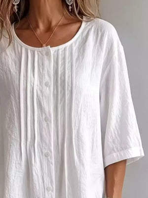 White Full Size Texture Round Neck 3/4 Sleeve Blouse