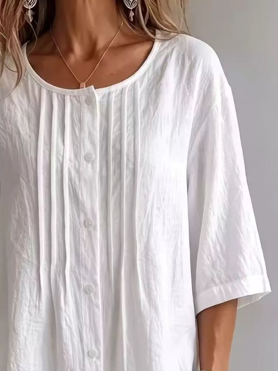 White Full Size Texture Round Neck 3/4 Sleeve Blouse
