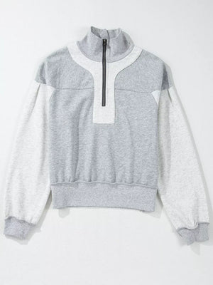 Half Zipper Collared Drop Shoulder Sweatshirt in Light Gray