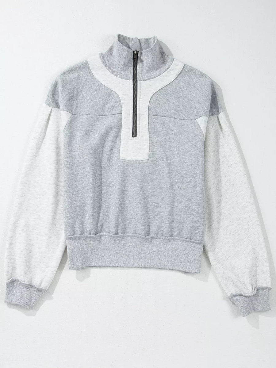 Half Zipper Collared Drop Shoulder Sweatshirt in Light Gray