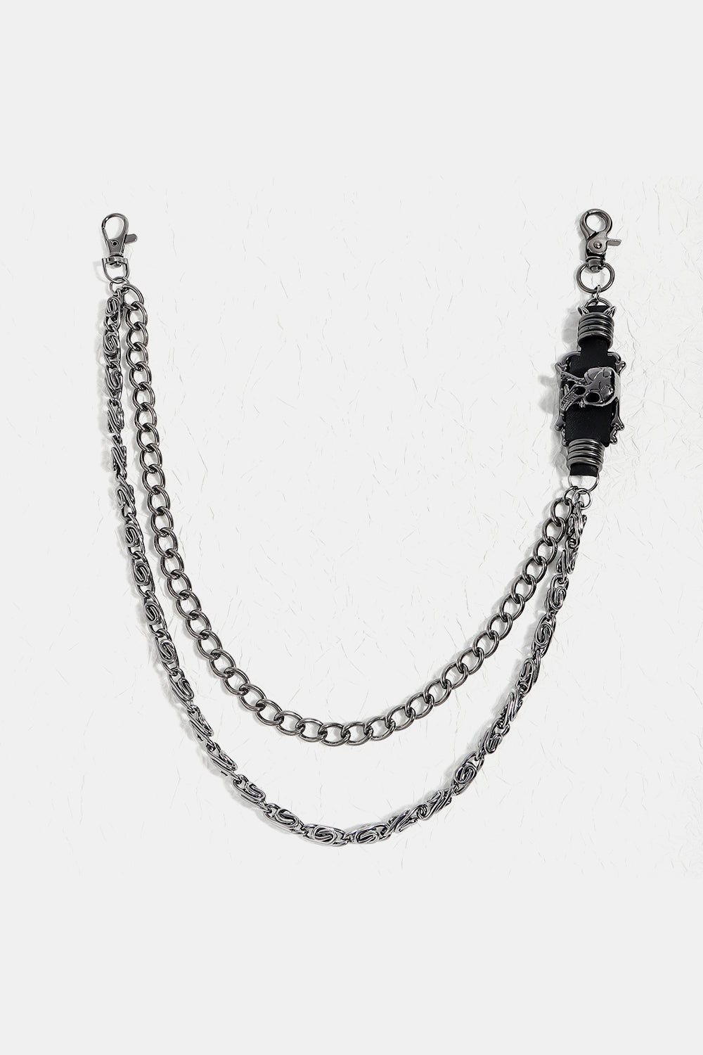 Black gothic chain belt with skull detail and silver alloy hardware.