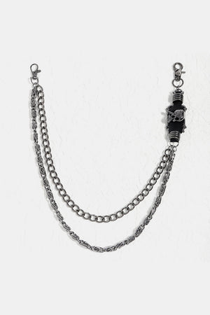 Black gothic chain belt with skull detail and silver alloy hardware.
