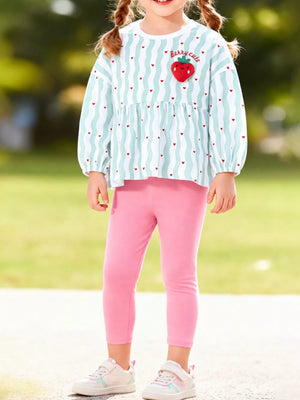 white clothing set with striped and round neck