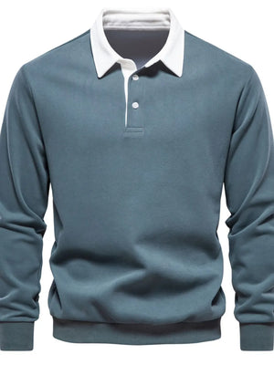 Dusty Blue long sleeve rugby sweatshirt with white collar and two button placket.