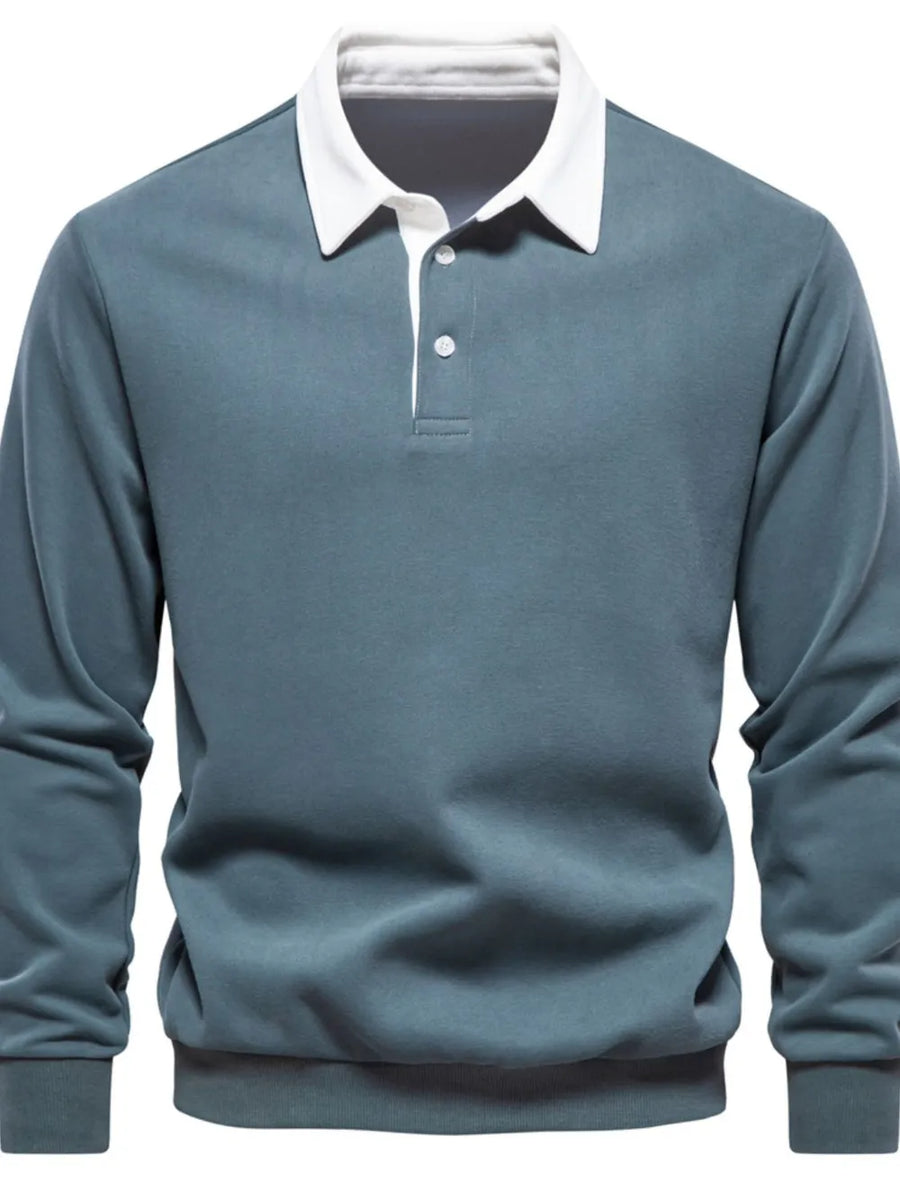 Dusty Blue long sleeve rugby sweatshirt with white collar and two button placket.