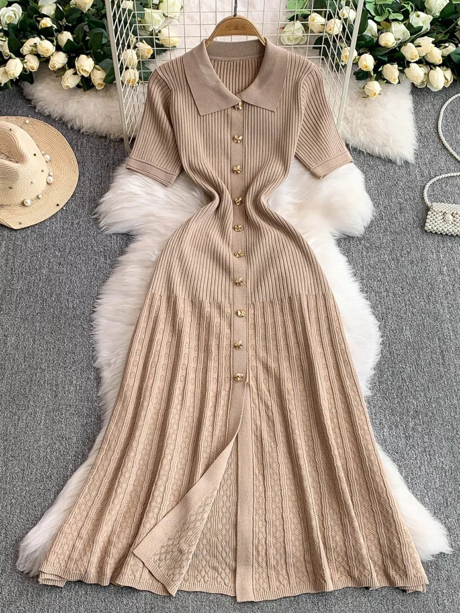Camel ribbed knit midi dress with button detail and collared neckline