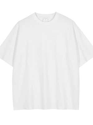 White oversized crewneck t-shirt with relaxed fit and short sleeves.