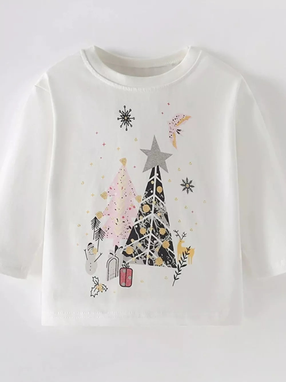 White long sleeve t-shirt with festive Christmas tree graphic, snowman, and gifts.