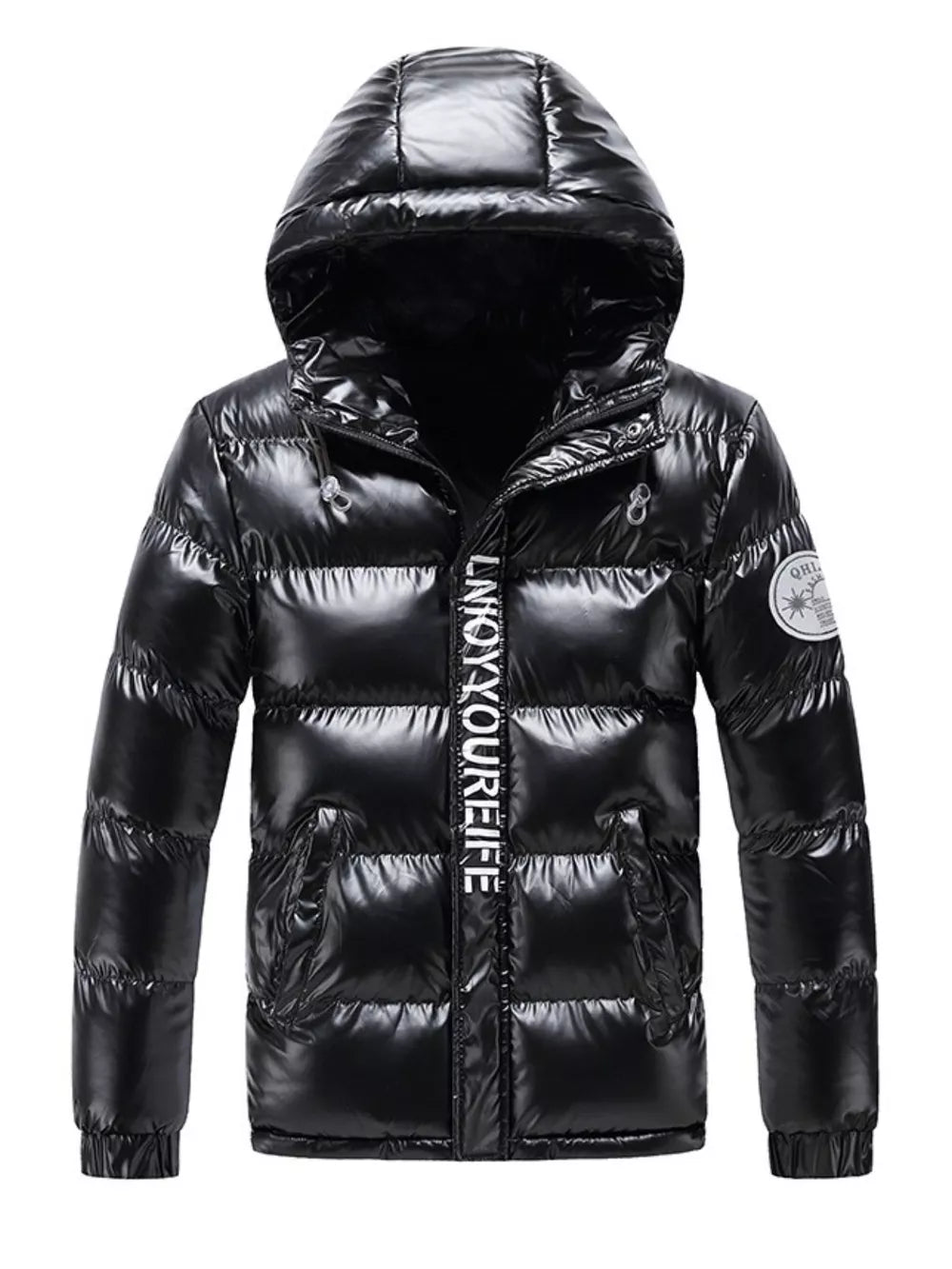 Black shiny puffer jacket with hood and white text detail on zipper