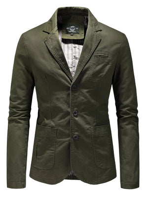 Green cotton casual button-up blazer with two front pockets and a chest pocket.