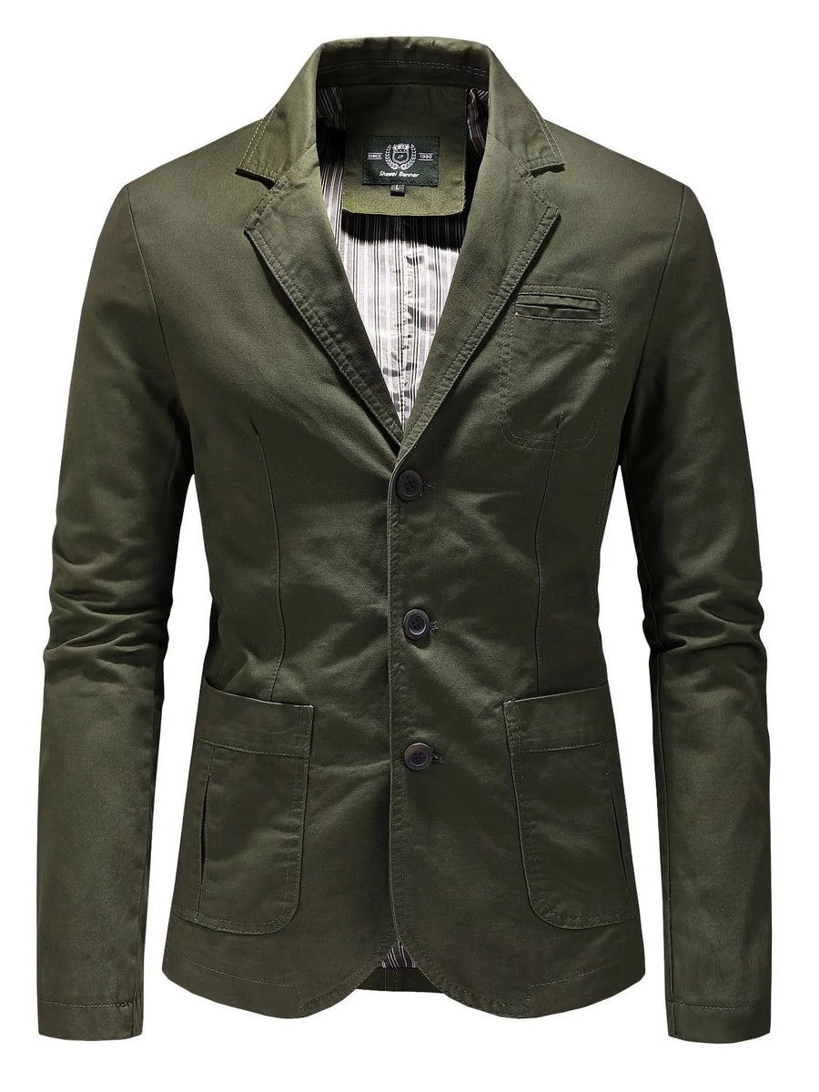 Green cotton casual button-up blazer with two front pockets and a chest pocket.