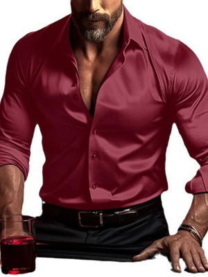 Burgundy satin shirt with a sculpted fit, button-down style, and long sleeves.