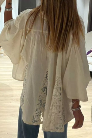Beige with Sheer Lace Splicing Detail Loose Shirt