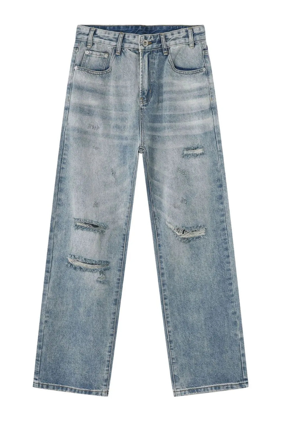 Baggy ripped denim jeans in medium wash with distressed details.