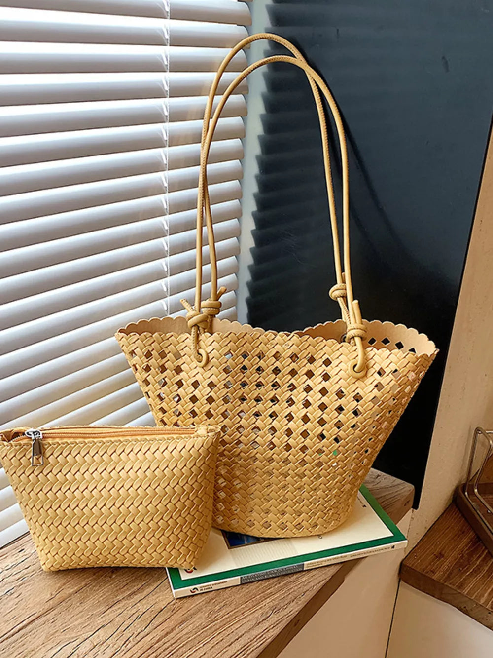 handbag in tan featuring woven texture and A-line fit
