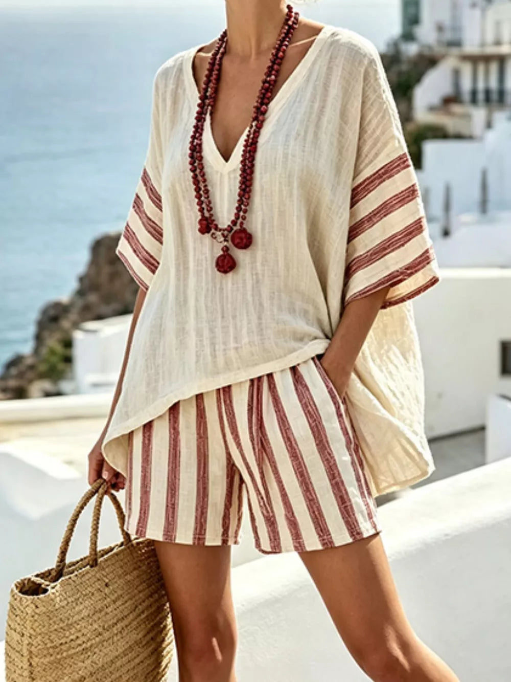 Beige Full Size Striped 3/4 Sleeve Top And Shorts Set