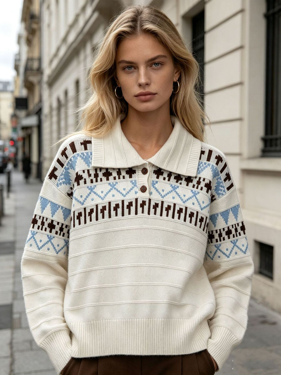 cream polo sweater with Fair Isle and collared