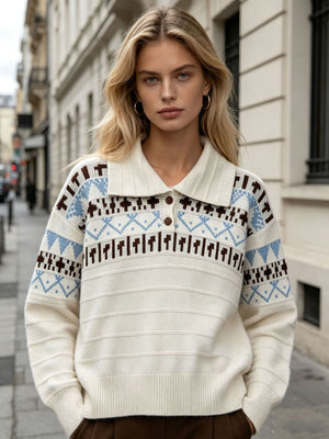 cream polo sweater with Fair Isle and collared