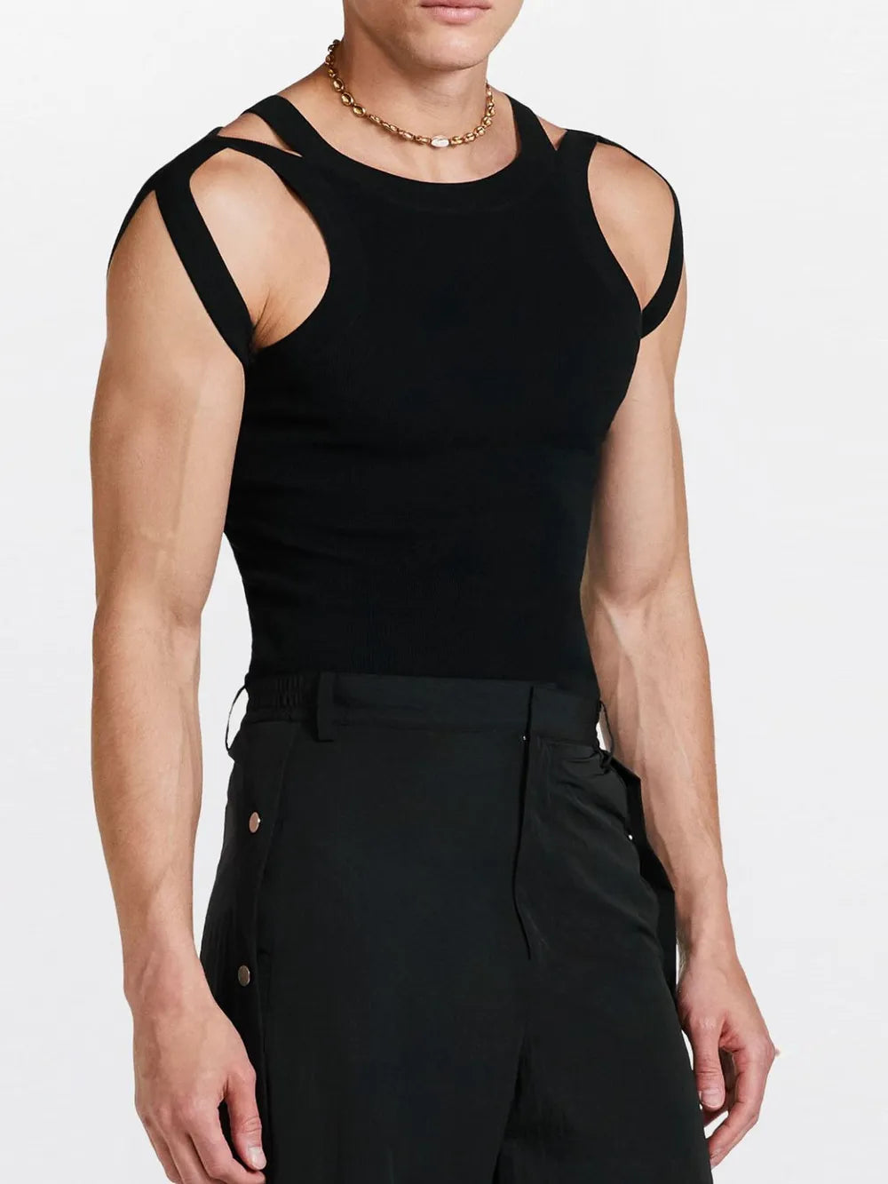 Black sculpted shoulder strap tank top with a ribbed texture and crew neck.