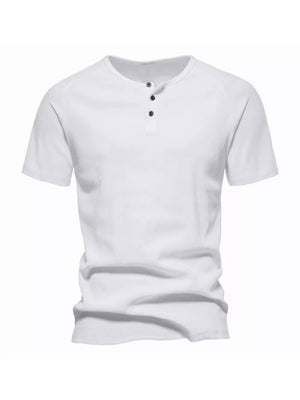Men's white cotton casual Henley t-shirt with button detail