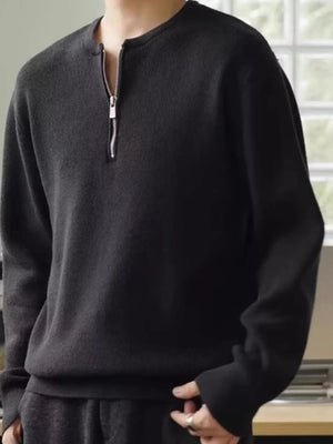 Black quarter zip relaxed fit pullover sweater with silver zipper detail