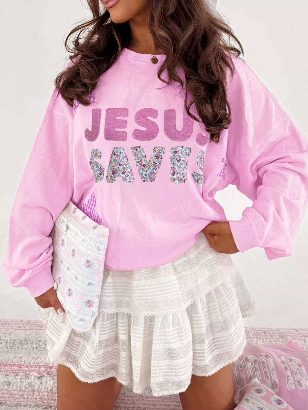 65% polyester, 35% cotton Care instructions: Machine wash cold sweatshirt in fuchsia with oversized silhouette