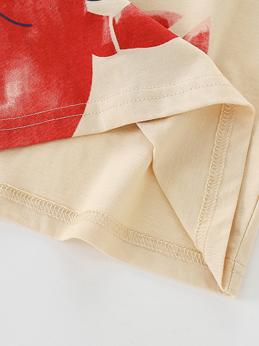 Beige cotton toddler t-shirt with red lobster graphic and visible stitching details.