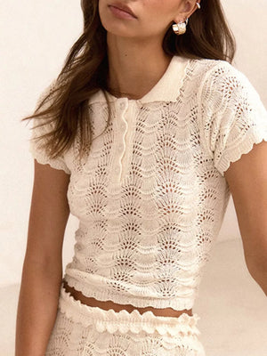 White Openwork Crochet Knit Polo Top And Shorts Set